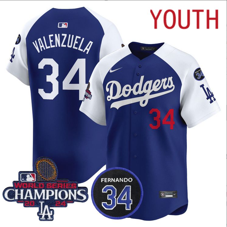 Youth MLB Los Angeles Dodgers #34 Valenzuela blue 2024 World Series Champions Patch Limited Jersey style 2